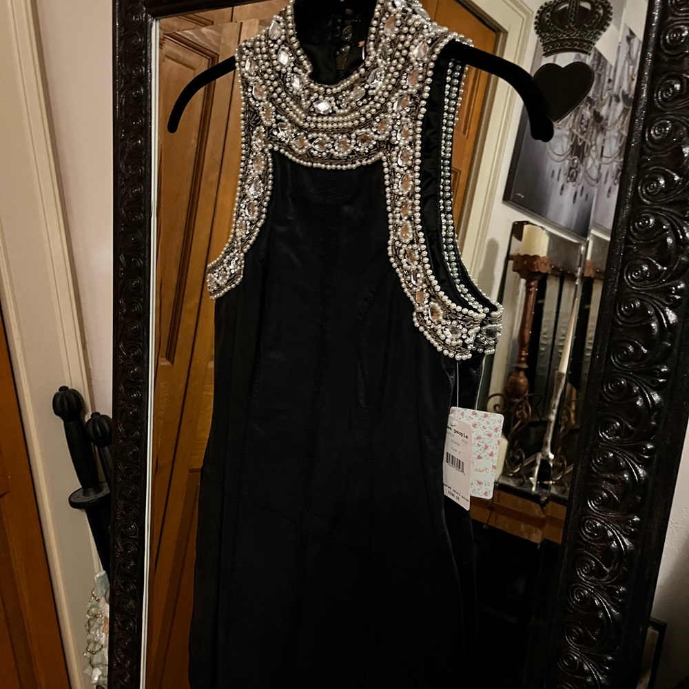 NWT Free People Black Faux Leather & Crystal Sleeveless Dress Tunic S Small